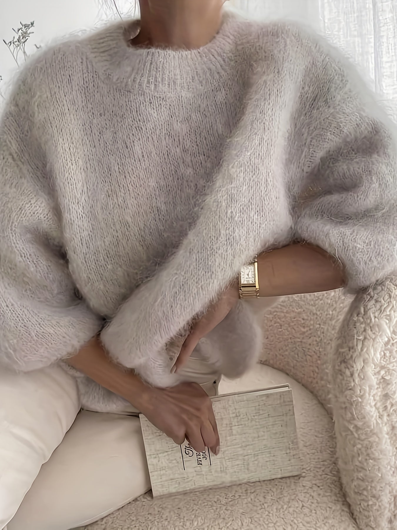 Berte | Dames trui voor herfst en winter – zachte, donzige ronde hals, halflange mouwen