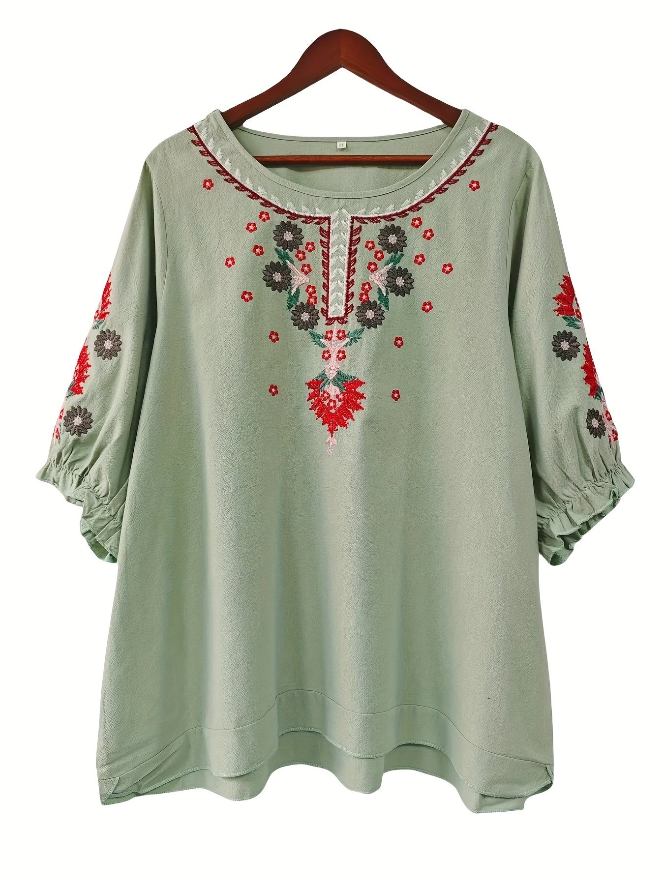 Slavenka | Geborduurde Bloemenblouse - Plus Size, Casual Korte Mouw