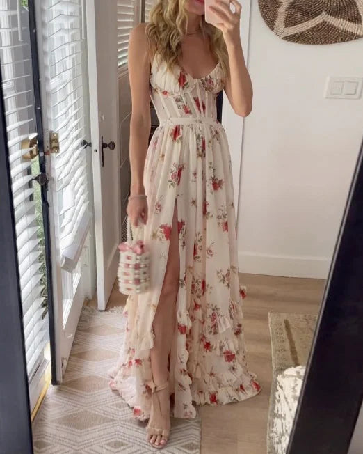 Olenna | Bloemenprint maxi-jurk – mouwloos met zijsplit, lichtgewicht en soepelvallend – tuinfeest, brunch