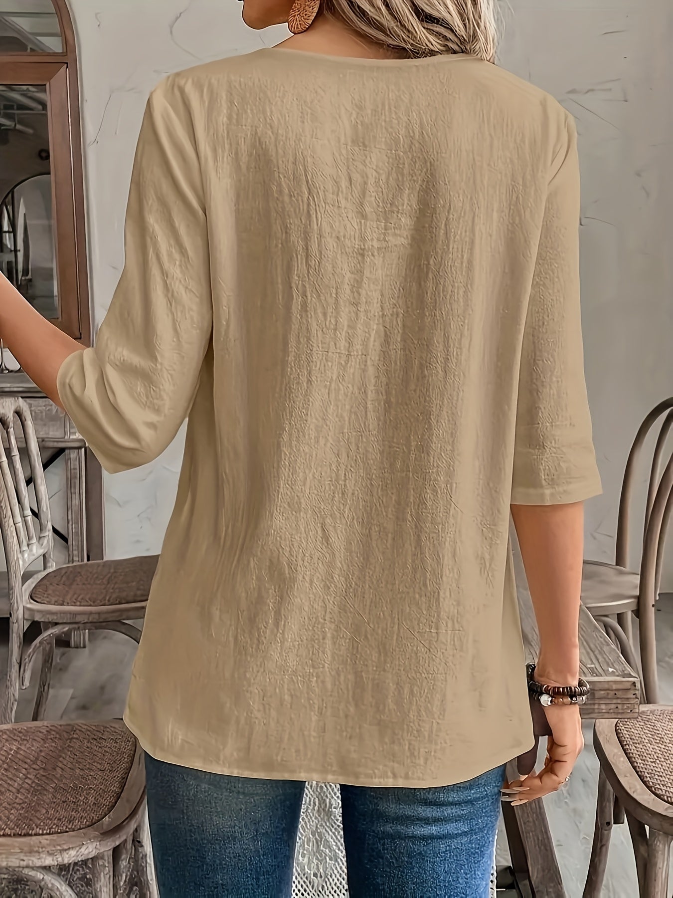 Ferene | Casual dameshemd met ronde hals en patchwork zoom, 3/4 mouwen