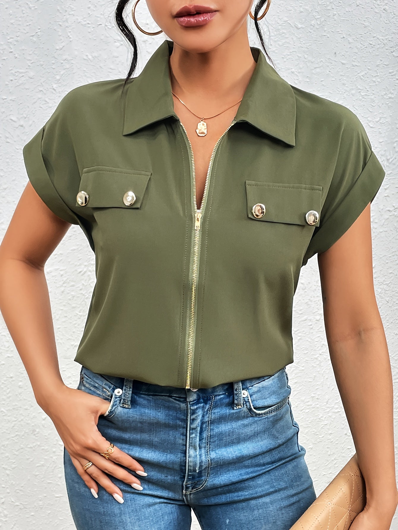 Vedis | Elegante Blouse met Ritssluiting voor Vrouwen - Chic Korte Mouw Top met Reverskraag
