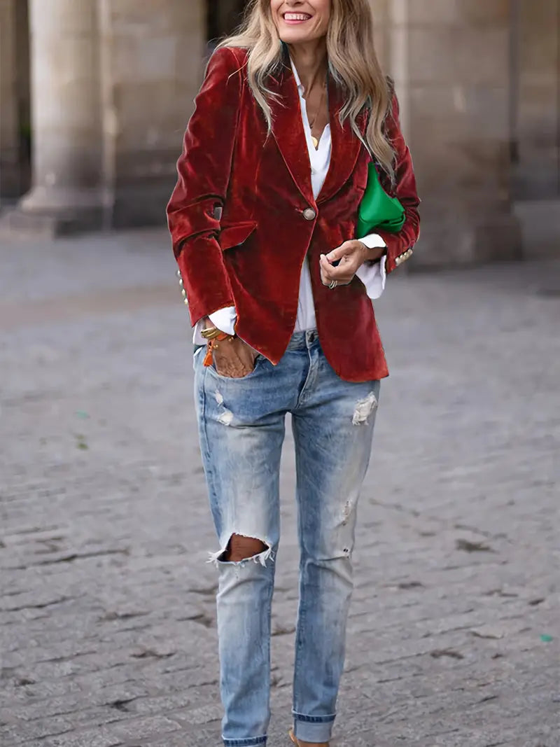 Petrina | Retro fluwelen blazer voor dames – Klassiek getailleerd jasje met gouden knopen