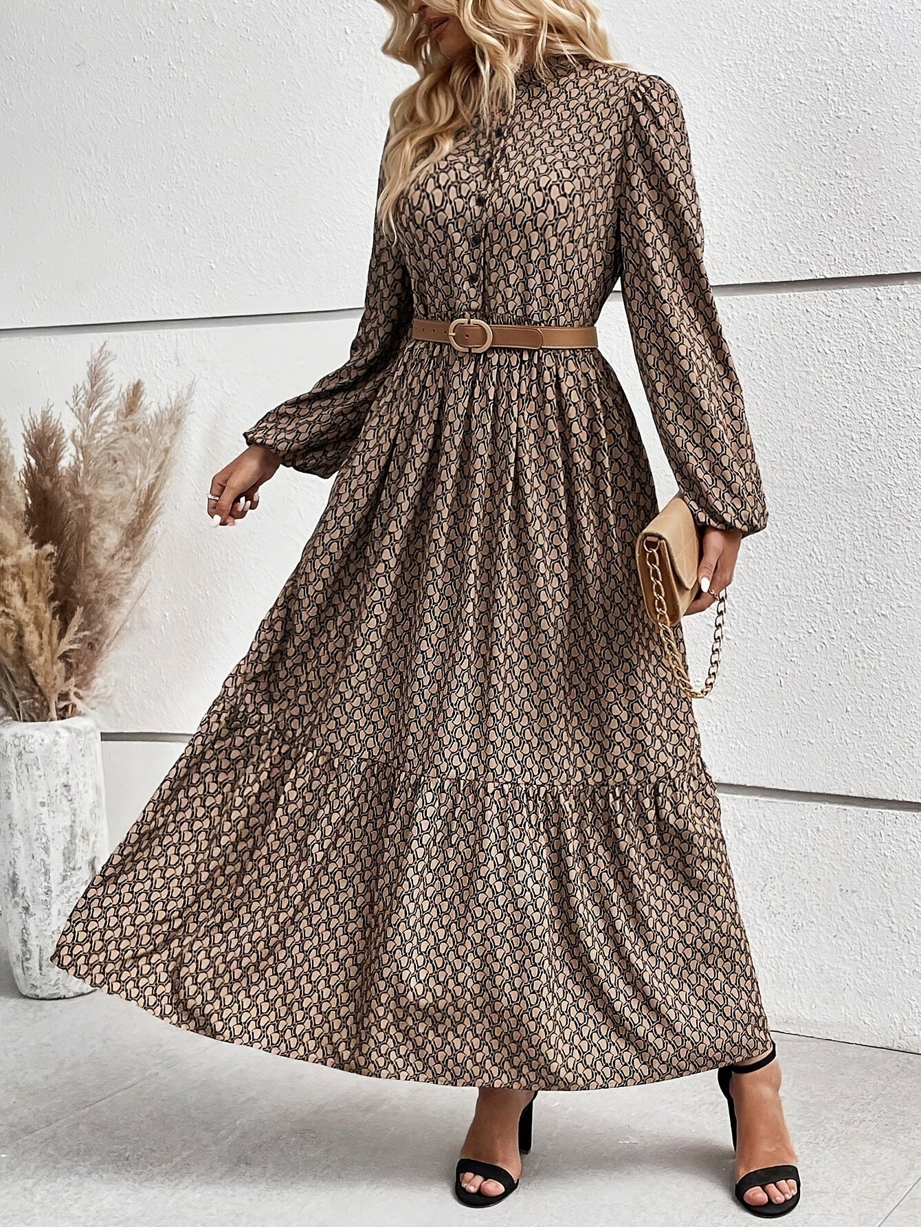 Luciana | Allover print jurk met knoopsluiting, Elegante Lantaarn Mouwen Soepelvallende Jurk voor Dames