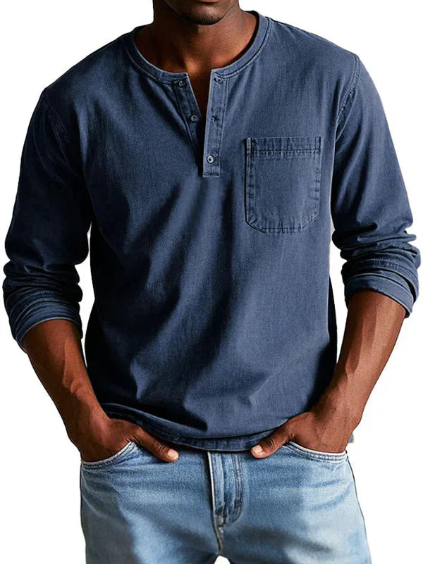 Bronic | Heren Vintage shirt met lange mouwen - Ronde hals, halve knoopsluiting, gewassen casual shirt