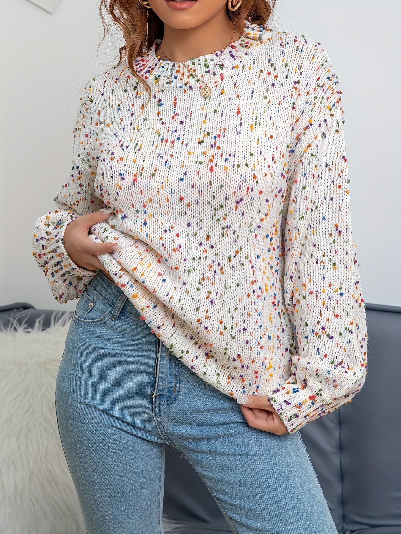Noryssa | Minimalistische gebreide trui met confetti-print, ronde hals - Knusse Herfst Winter Trui voor vrouwen