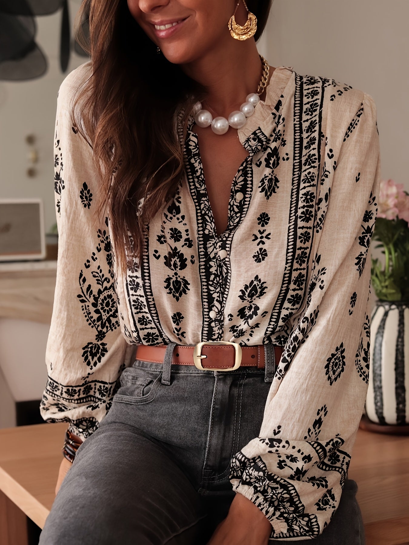 Halcyon | Geometrische bedrukte losvallende blouse met lantaarnmouwen