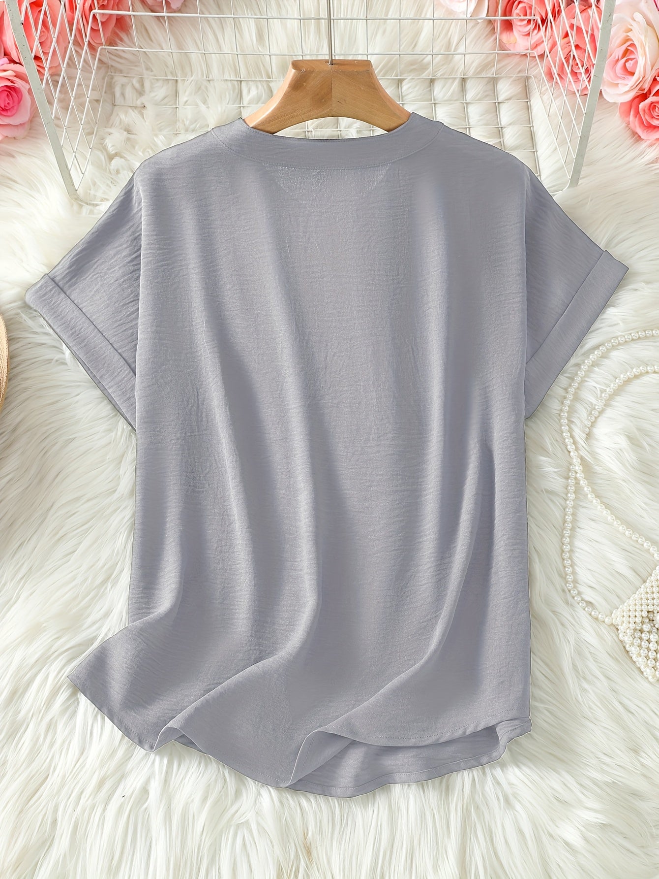 Elaria | Vrouwen V-Hals Blouse - Effen Kleur Losjes-Fit Korte Mouw Top