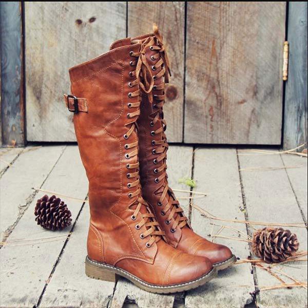 Naima | Kniehoge dameslaarzen in vintage leer - lace-up, orthopedisch comfort