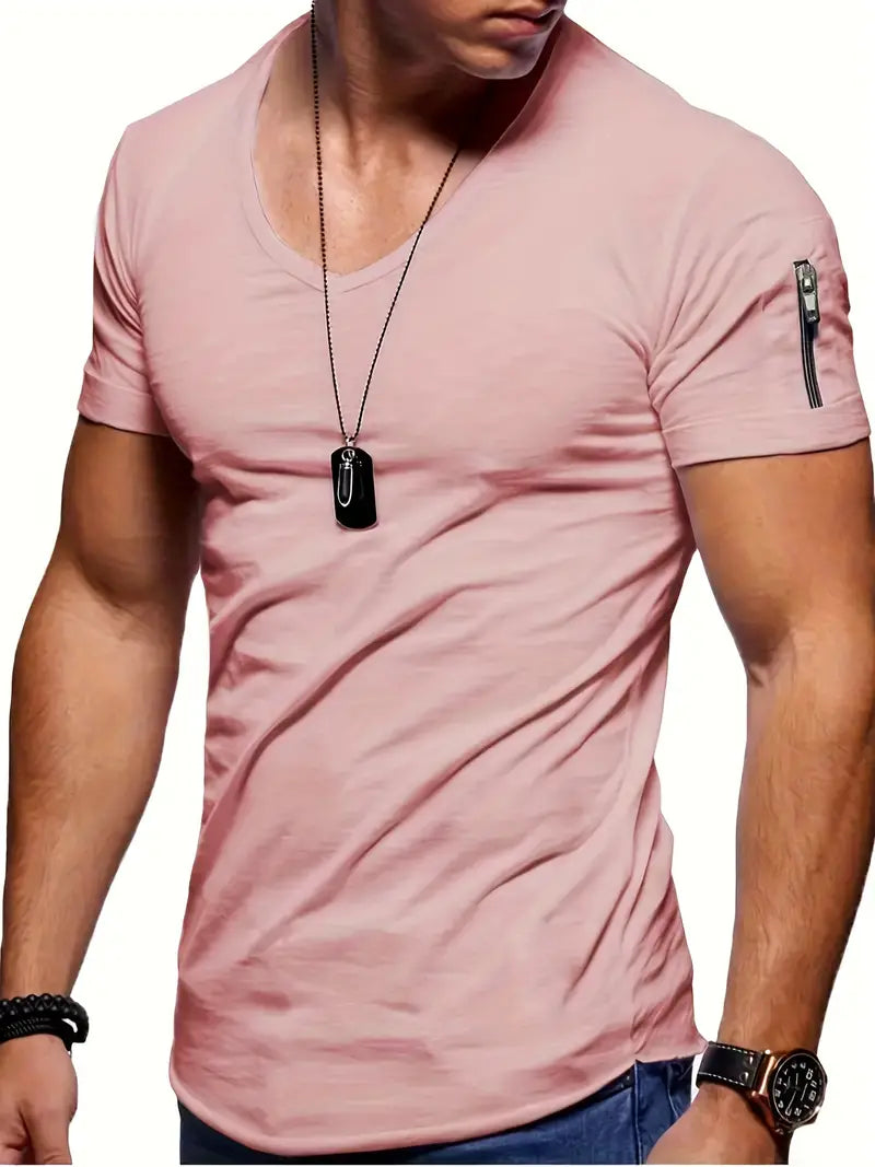 Gobor | Heren-T-shirt met V-hals en korte mouwen met ritsaccenten - Casual T-shirt van katoen