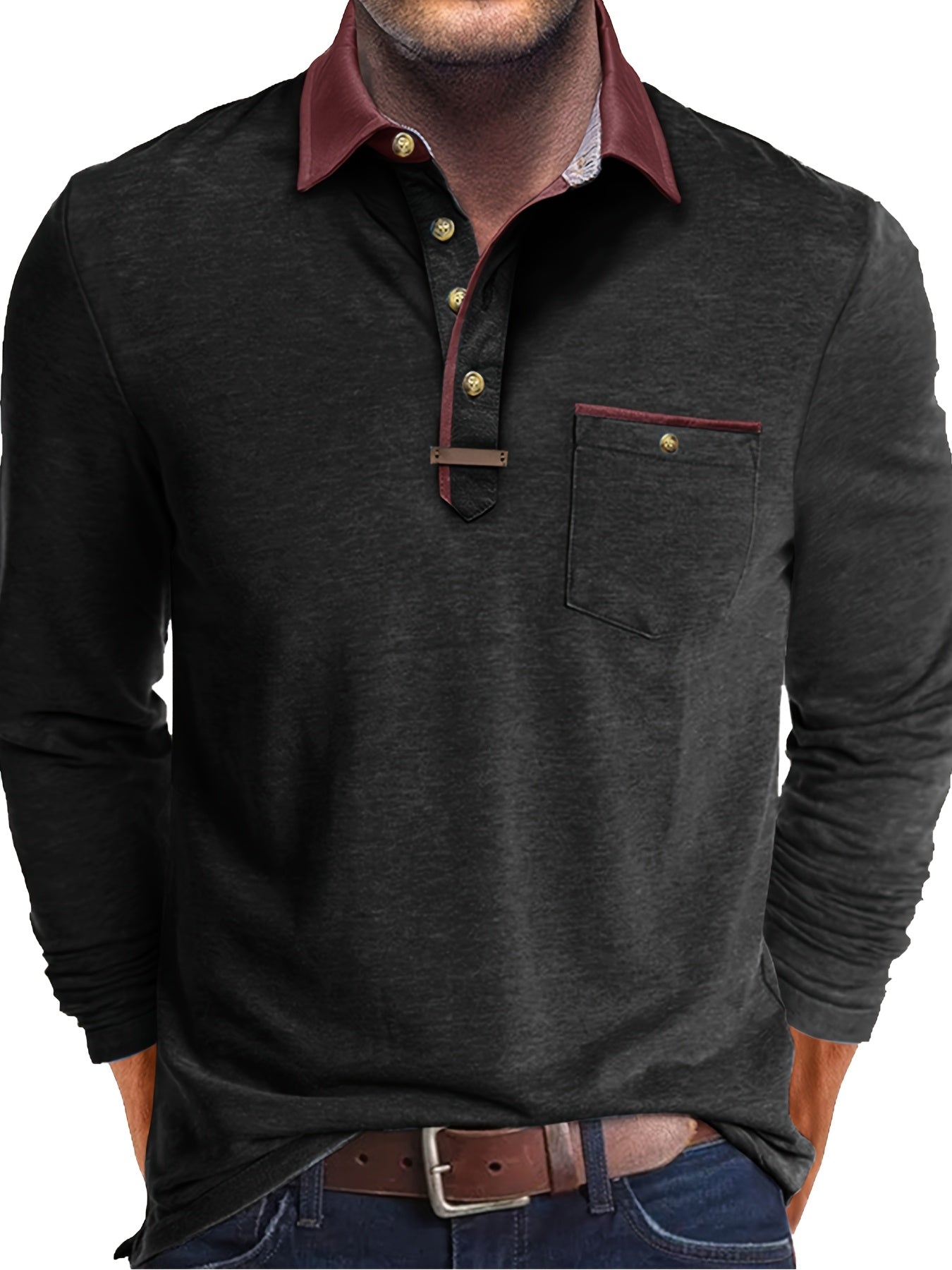 Paulo | Herenpolo met lange mouwen – Casual Henley met kleurblok kraag en borstzak