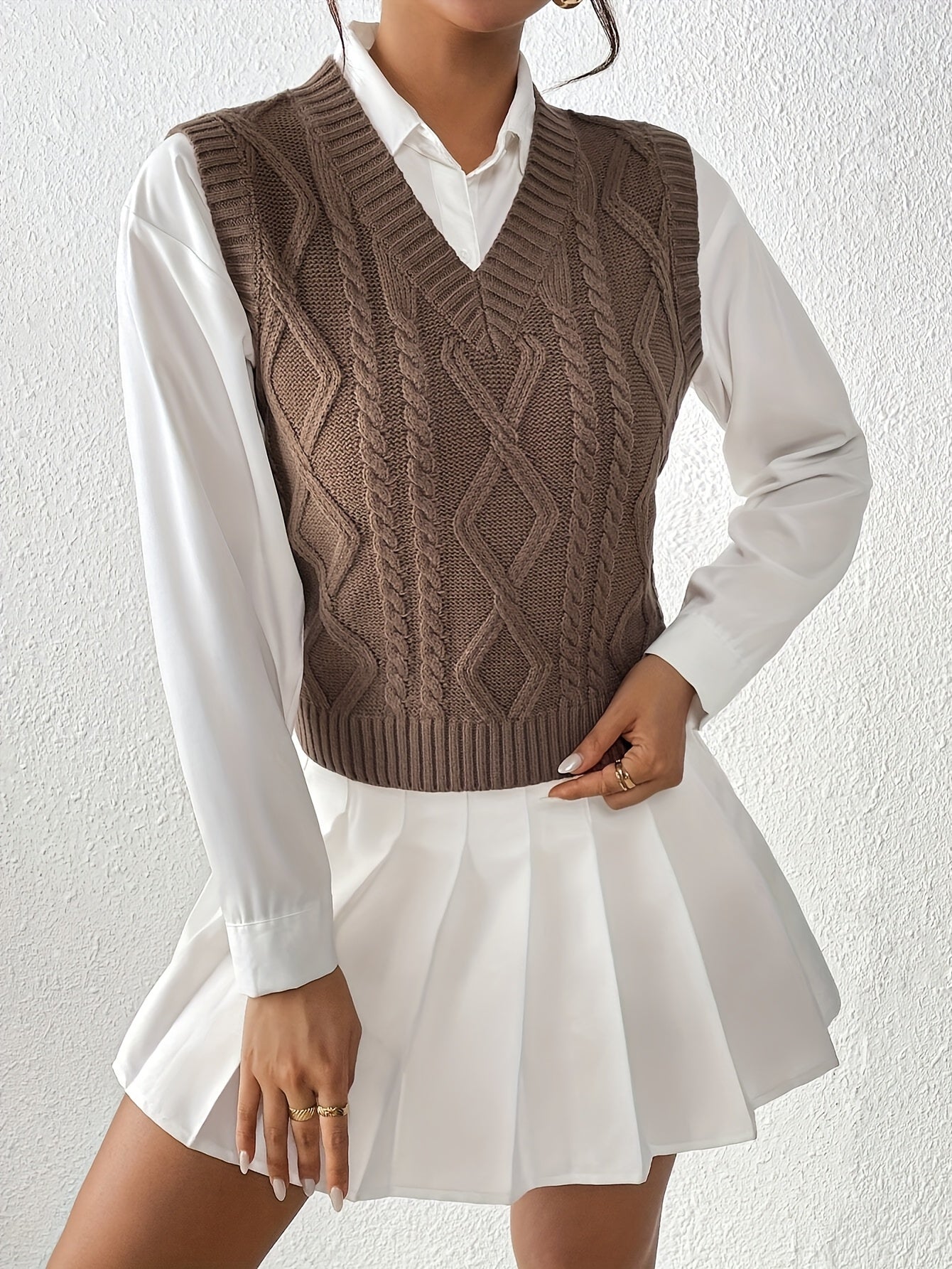 Ambria | Kabelgebreid V-hals Sweater Vest - Slanke Mouwloze Top, Casual Retro Stijl, Lichtgewicht Laagjesgebreid