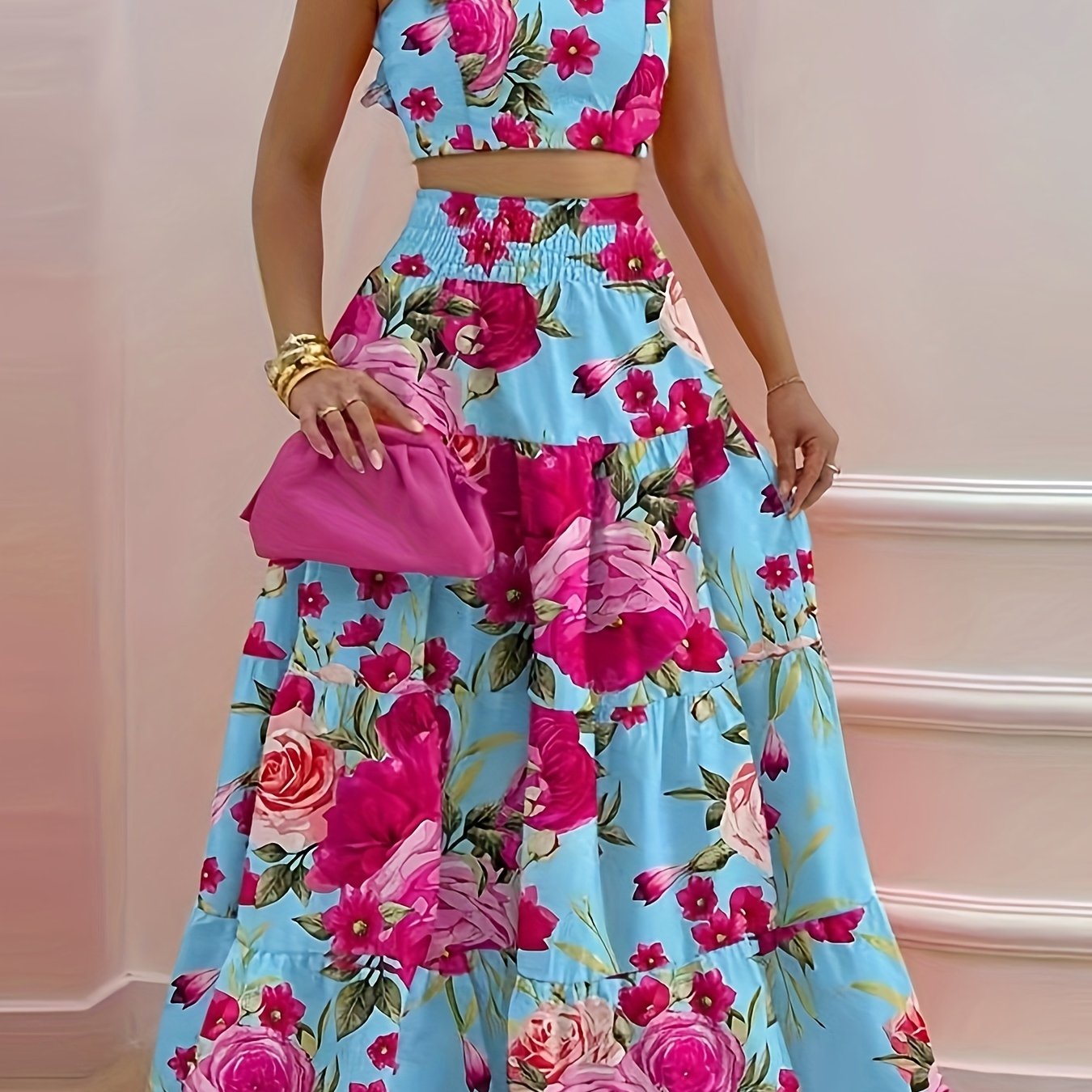 Uletta | Tweedelige set met bloemenprint, top en rok met ruches