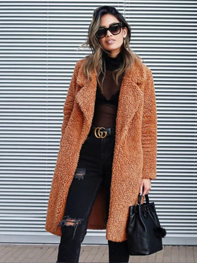 Yvonna | Lange oversized teddyjas – Winterwarme jas met reverskraag, zachte pluche bovenkleding
