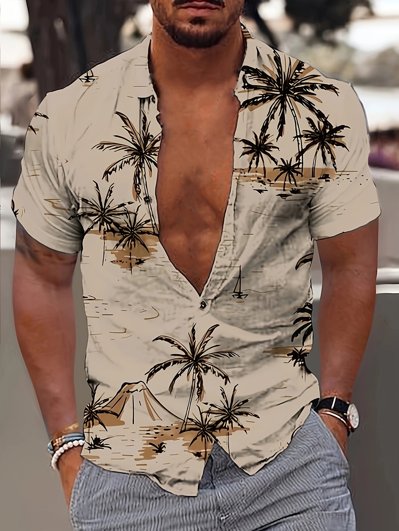 Kurt | Heren Hawaii Overhemd - Kokosnoot Boom Print, Korte Mouw, Casual Zomer Overhemd