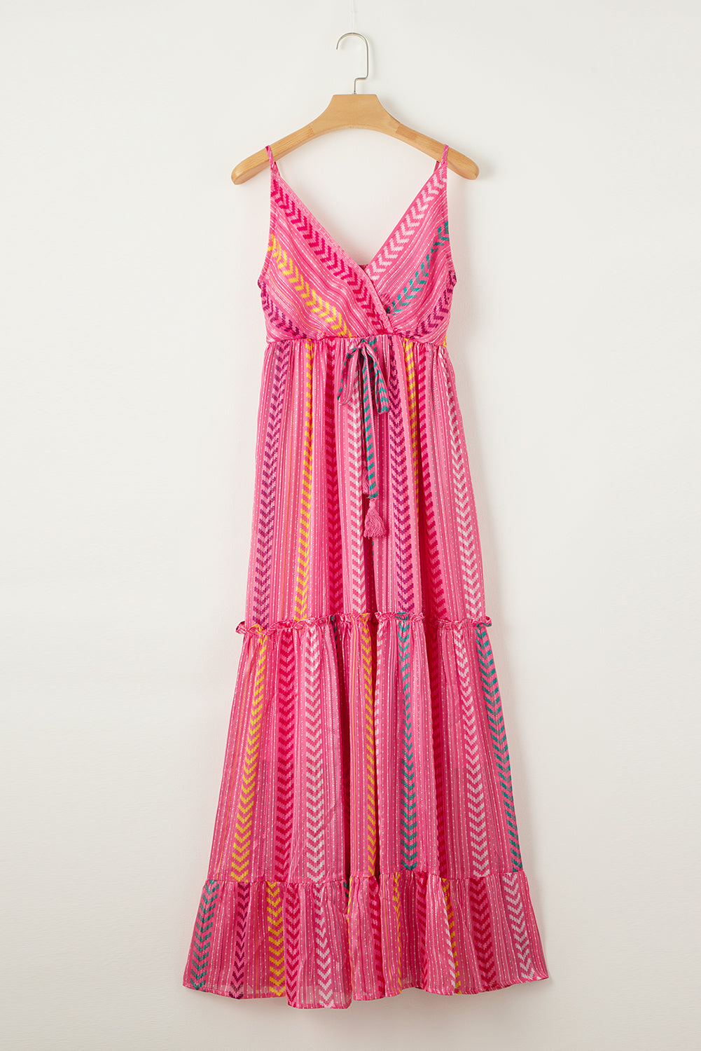 Mevelyn | Boho Western Maxi-jurk voor vrouwen - Roze V-hals met kwastjes, spaghettibandjes & allover print