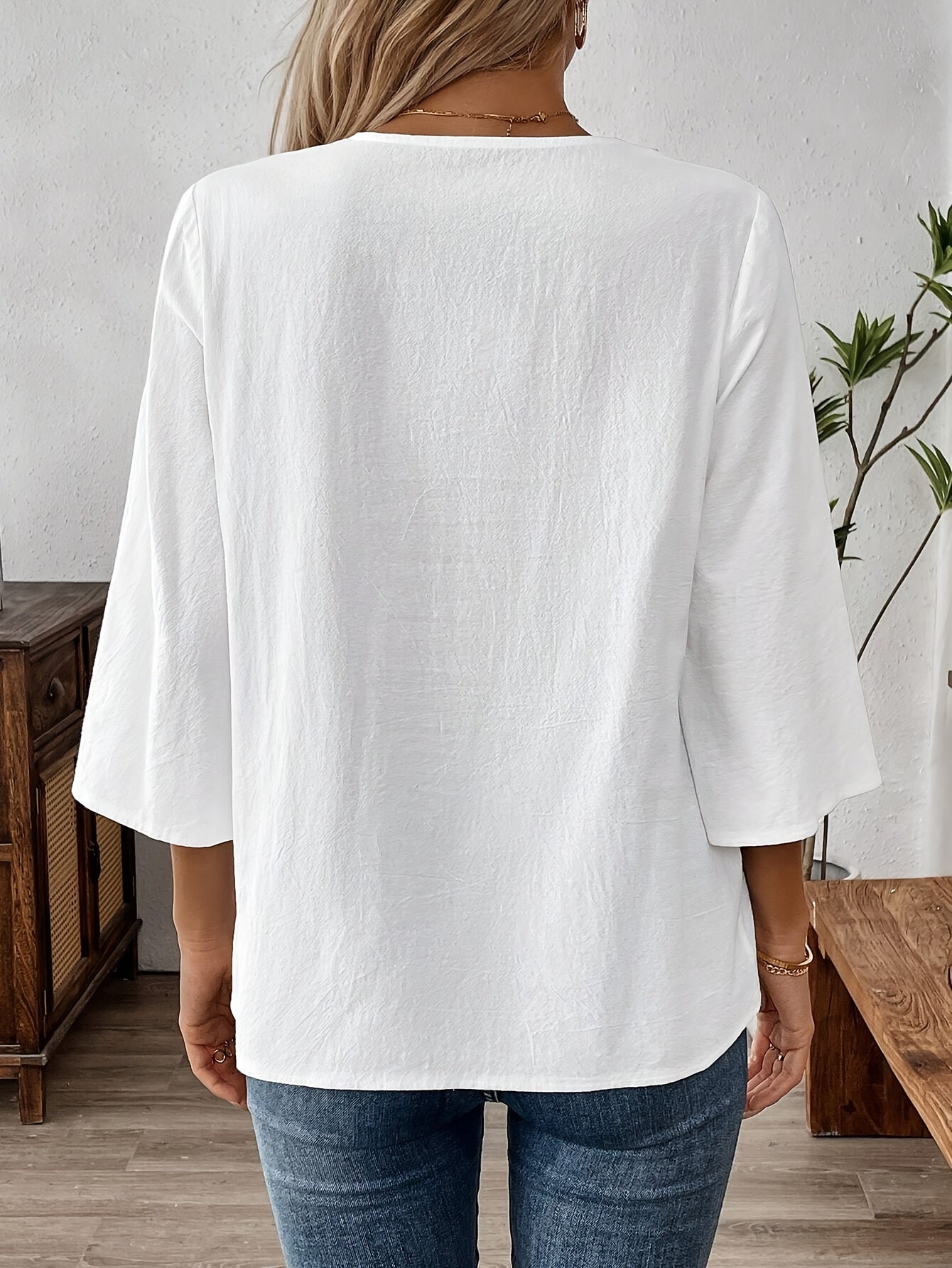 Kaari | Vrouwen Vintage Boho V-Hals Blouse - 3/4 Mouwen, Kanten Detail, Wit