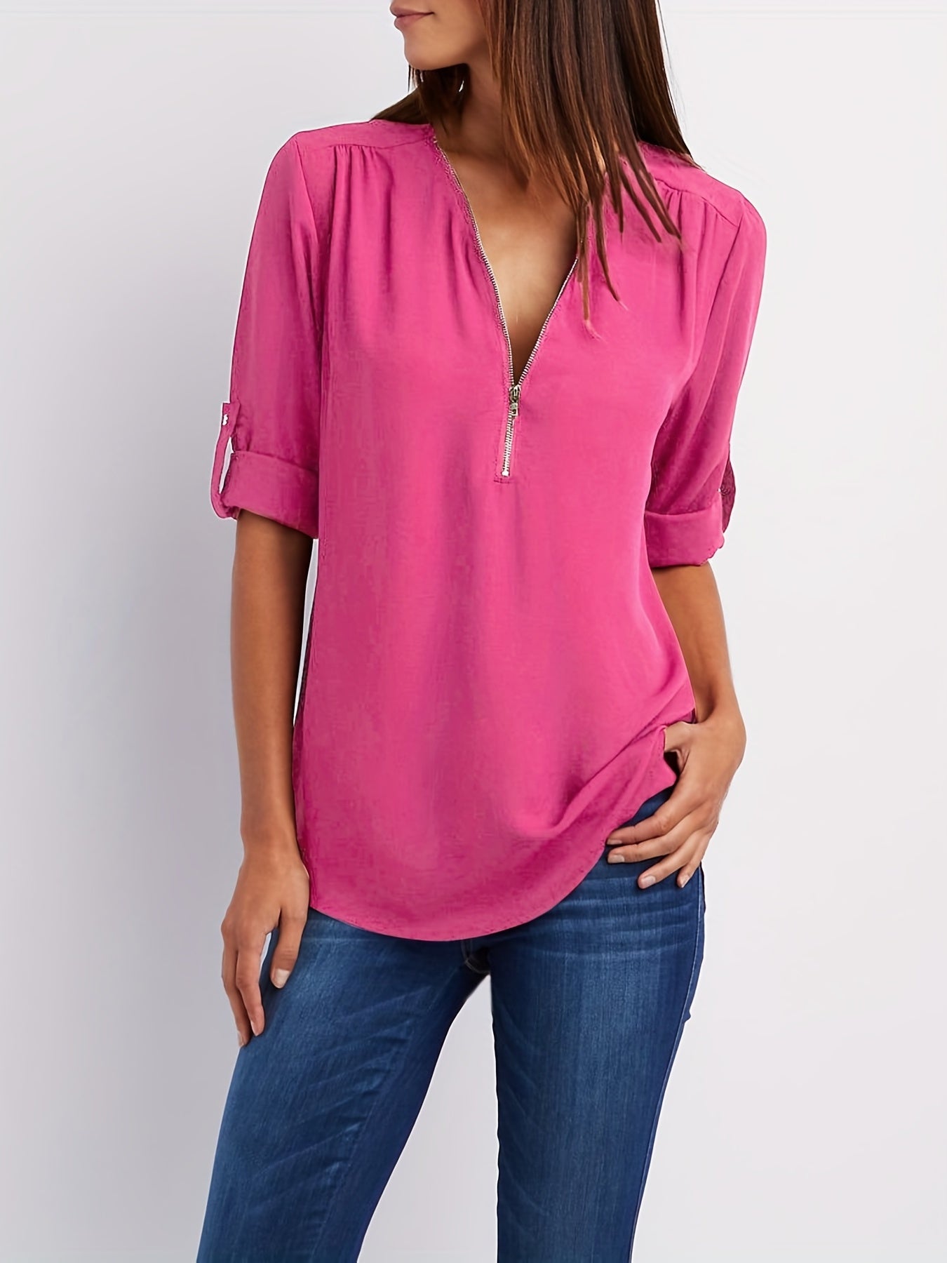Veridiana | Damesblouse met V-hals en halve rits - Casual mouwen met gerimpelde mouwen, elegant en ademend