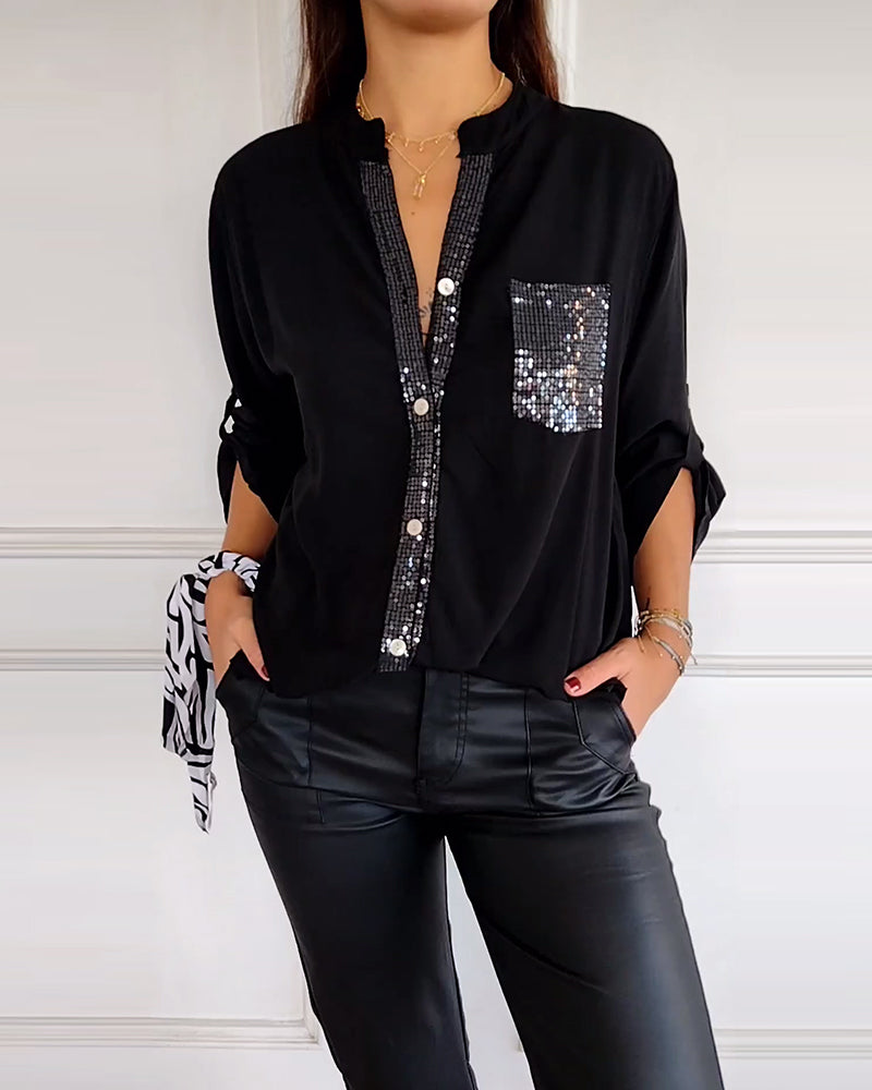 Stella | Elegante Pailletten Blouse - Casual Knoopsluiting Top met Verstelbare Manchetten