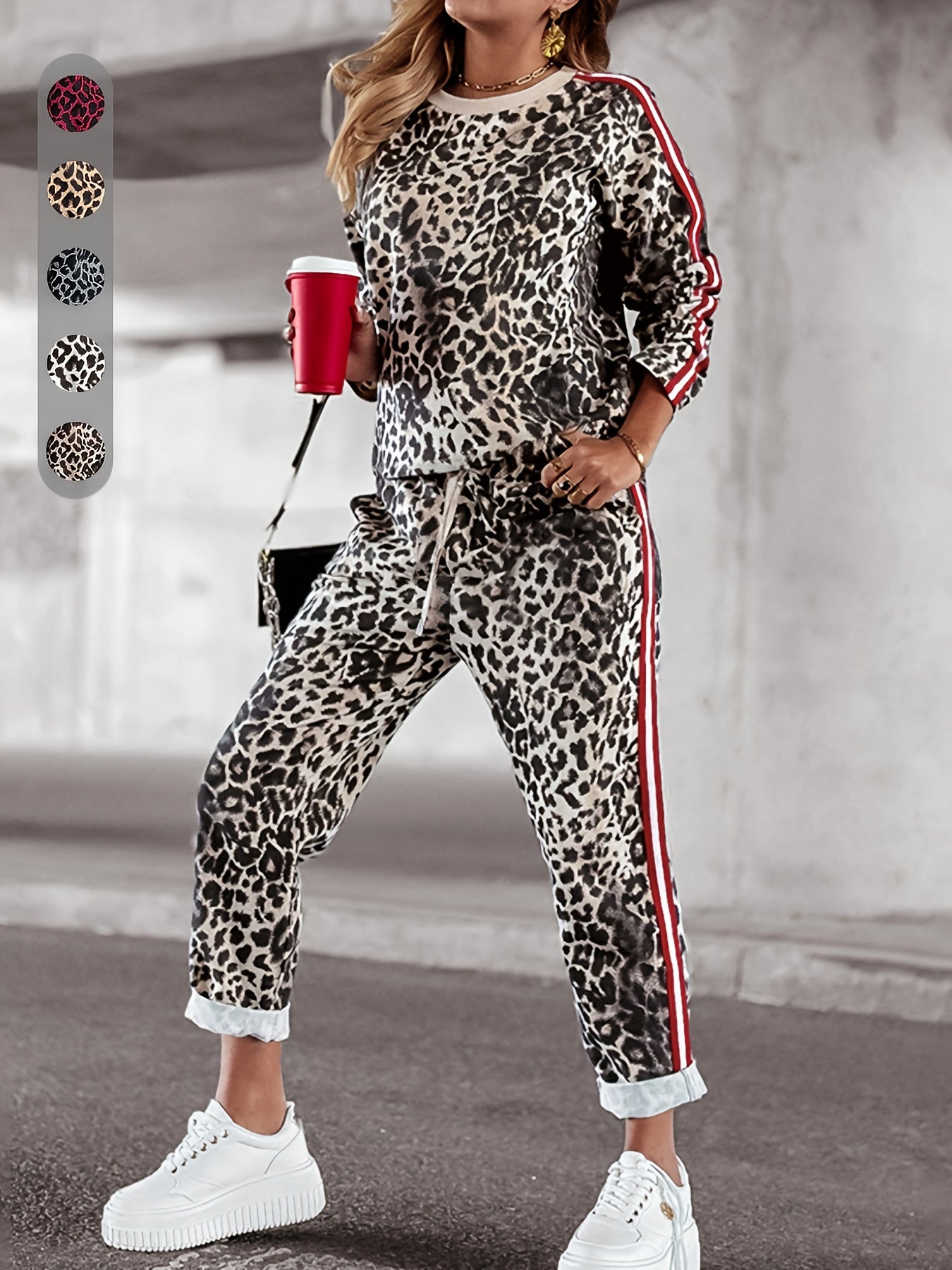 Emryth | Tweedelige vrouwenset met luipaardprint - top met lange mouwen en broek met hoge taille, casual lounge outfit