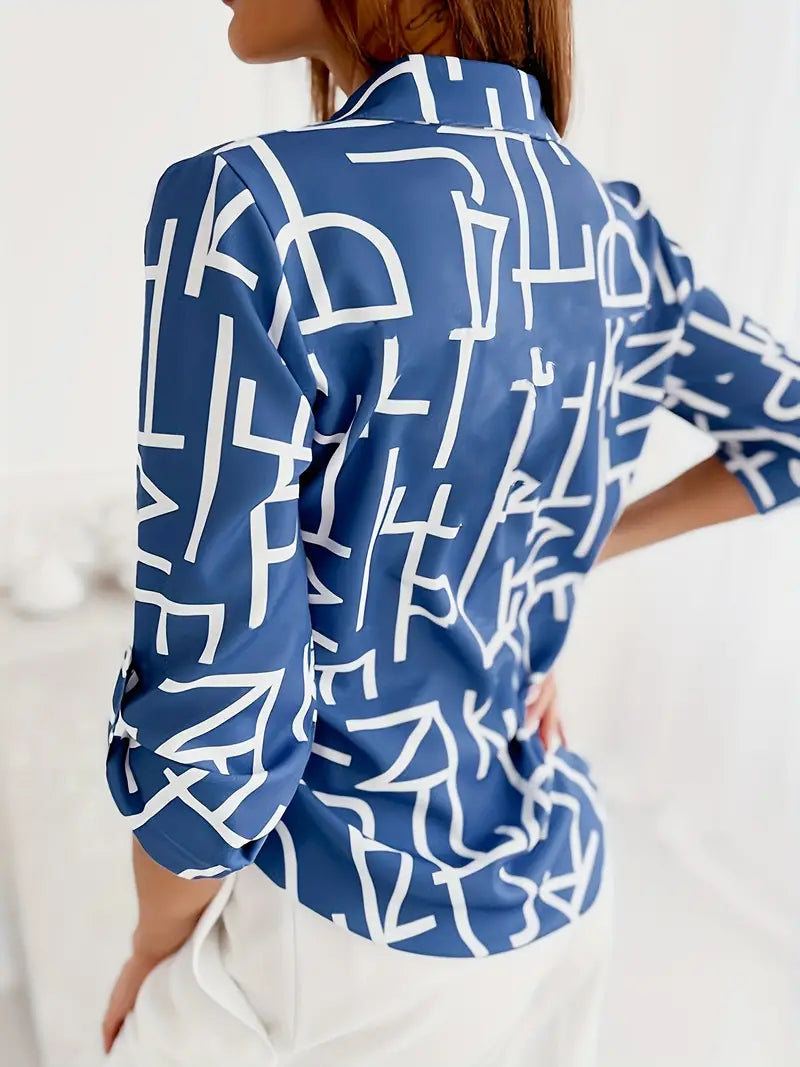 Perrine | Vrouwen Stijlvolle Gedrukte Button-Down V-Hals Blouse - Lange Mouwen, Casual Lente Top