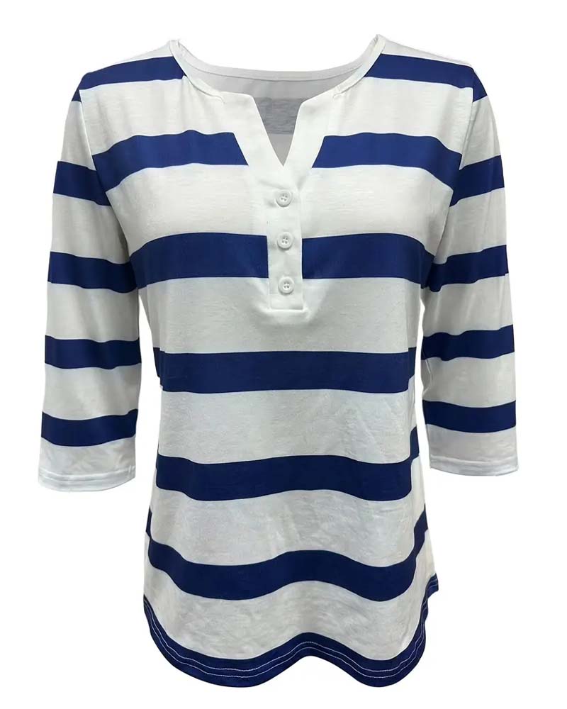 Theresia | Damesblouse met 3/4 mouwen, strepen en V-hals – Lichtgewicht herfstblouse