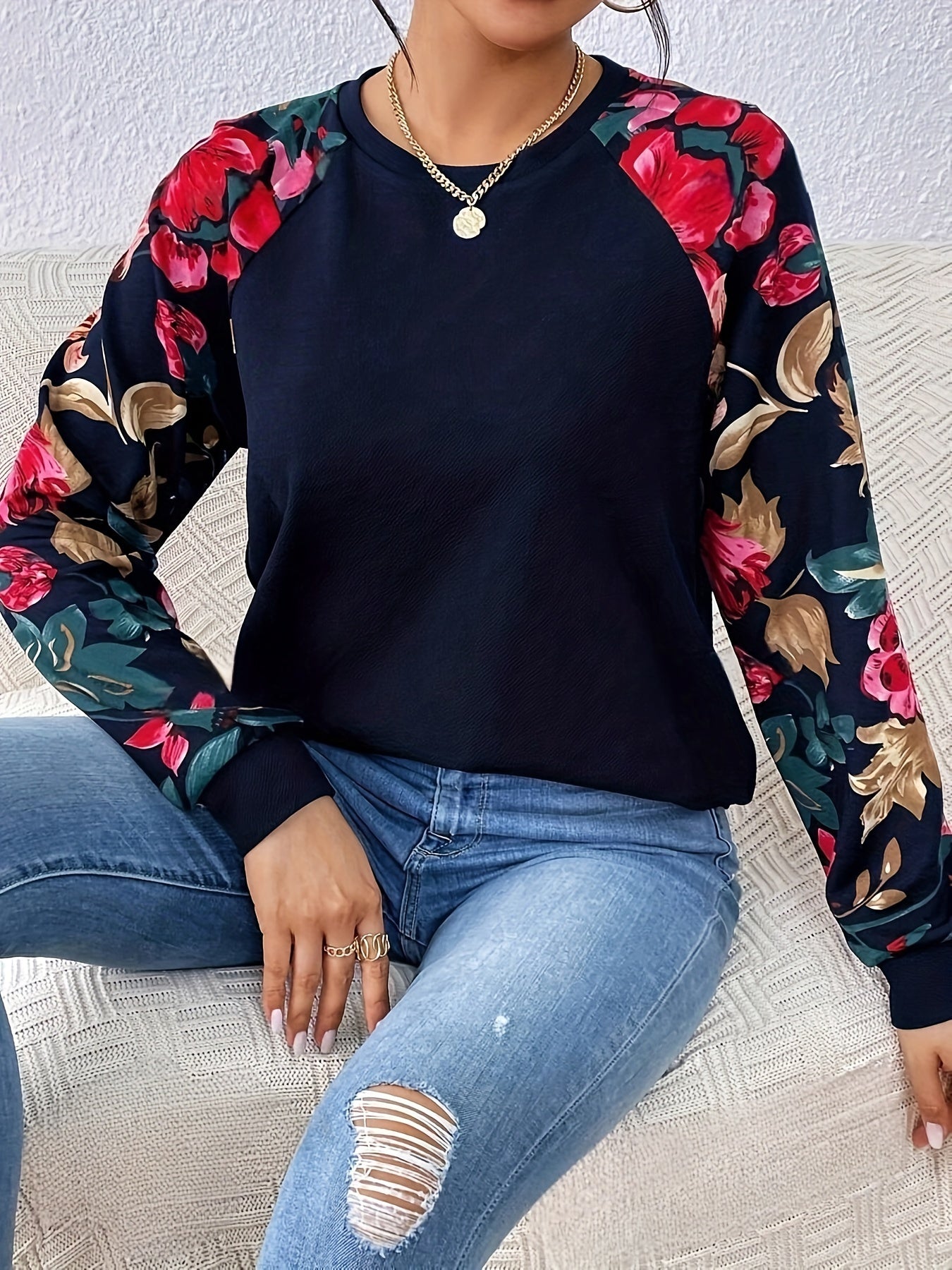 Peonia | Dames sweatshirt met raglanmouwen en elegante bloemenprint – Casual trui met lange mouwen