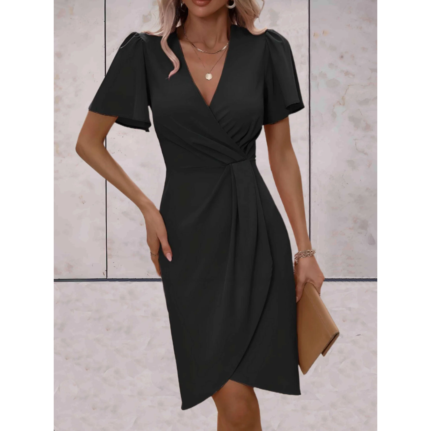 Omara | Elegante vrouwen wikkeljurk - V-hals, korte mouwen, vloeiende pasvorm, casual tot formele midi-jurk