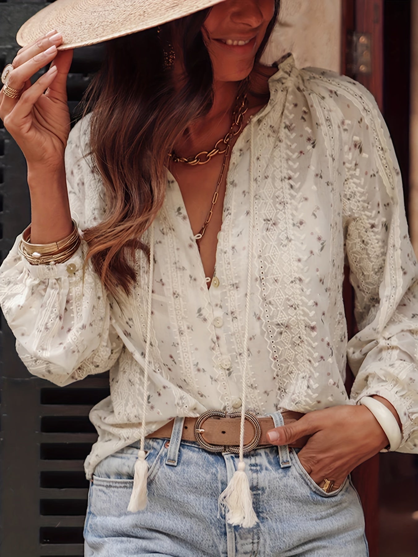 Wina | Dameshemd met bloemenprint en V-hals, lange mouwen - Casual elegante boho blouse