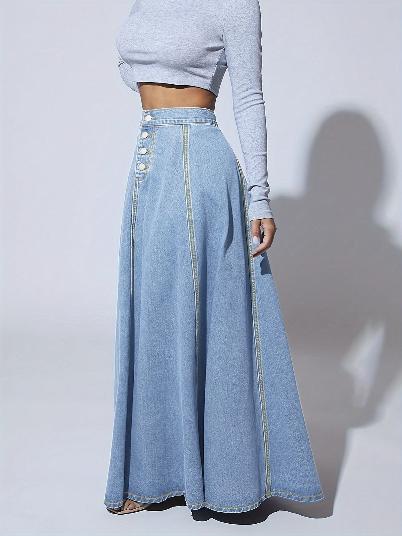 Melina | Hoog uitlopende enkelvoudige geruite maxi flare denim rok
