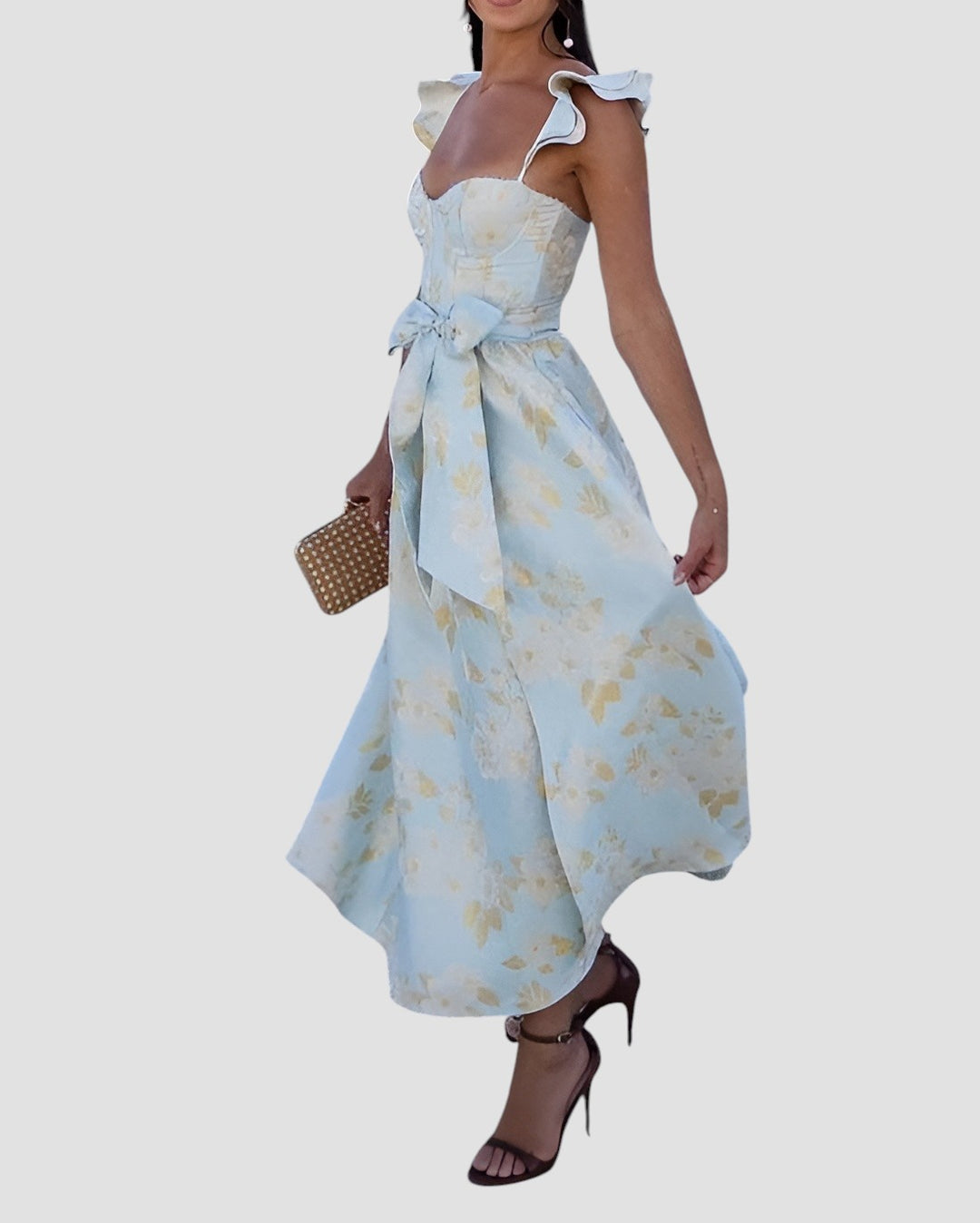 Saela | Elegante Mouwloze Zomerjurk voor Vrouwen - Ruches, Strik Taille, Bloemige Midi Jurk