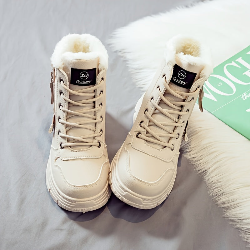 ChicFrost | Dames winter enkellaarzen – fleece gevoerd, dikke dempende zool, vetersluiting, PU bovenwerk