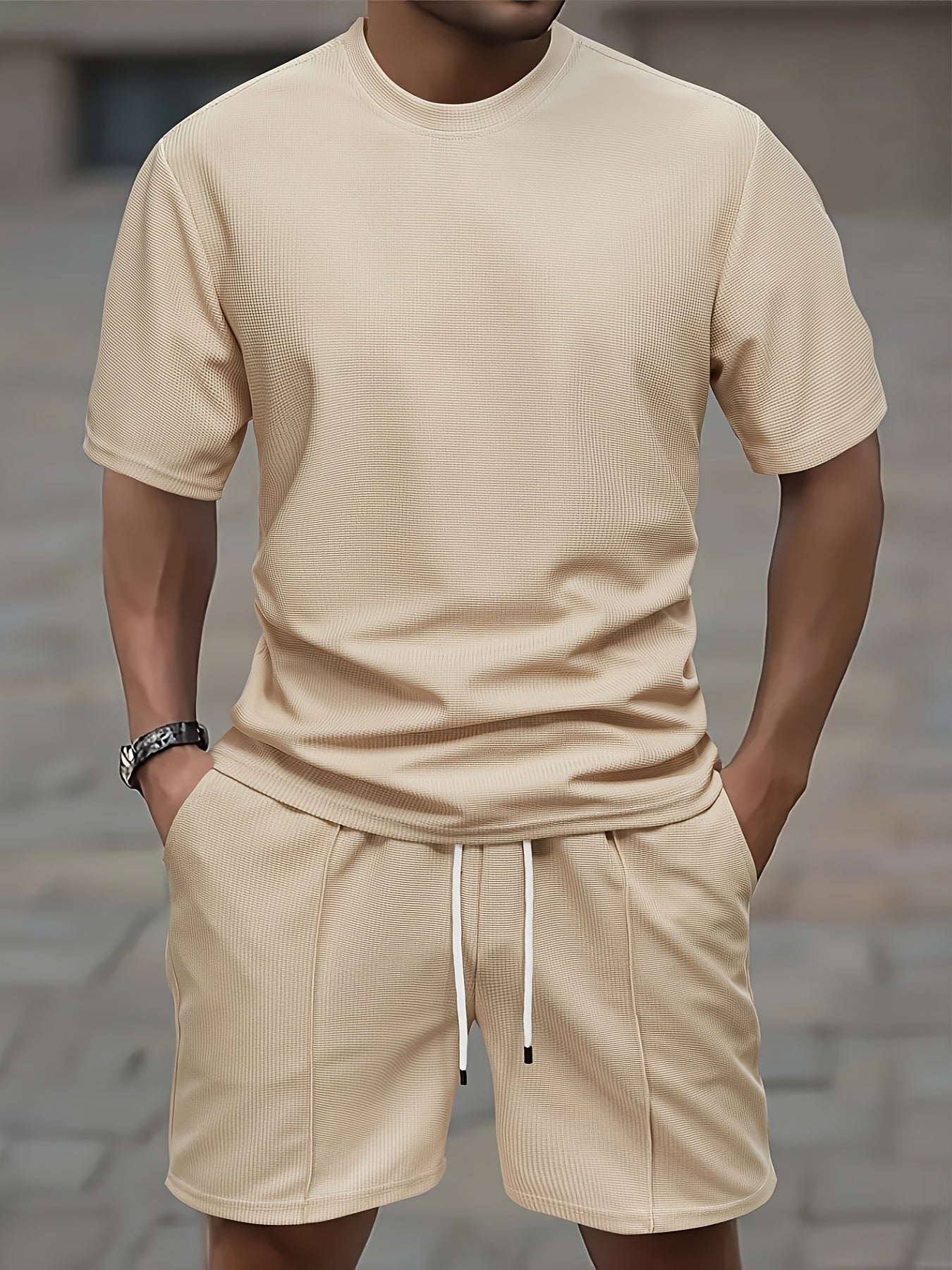Lorien | Herenset 2-delige zomersportkleding - gebreid wafel T-shirt & koordshort