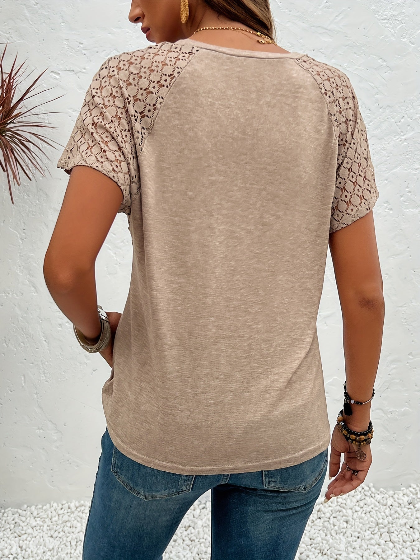 Zafira | Kanten Crew Neck T-shirt - Casual Korte Mouw T-shirt met Holle Kanten Mouwen