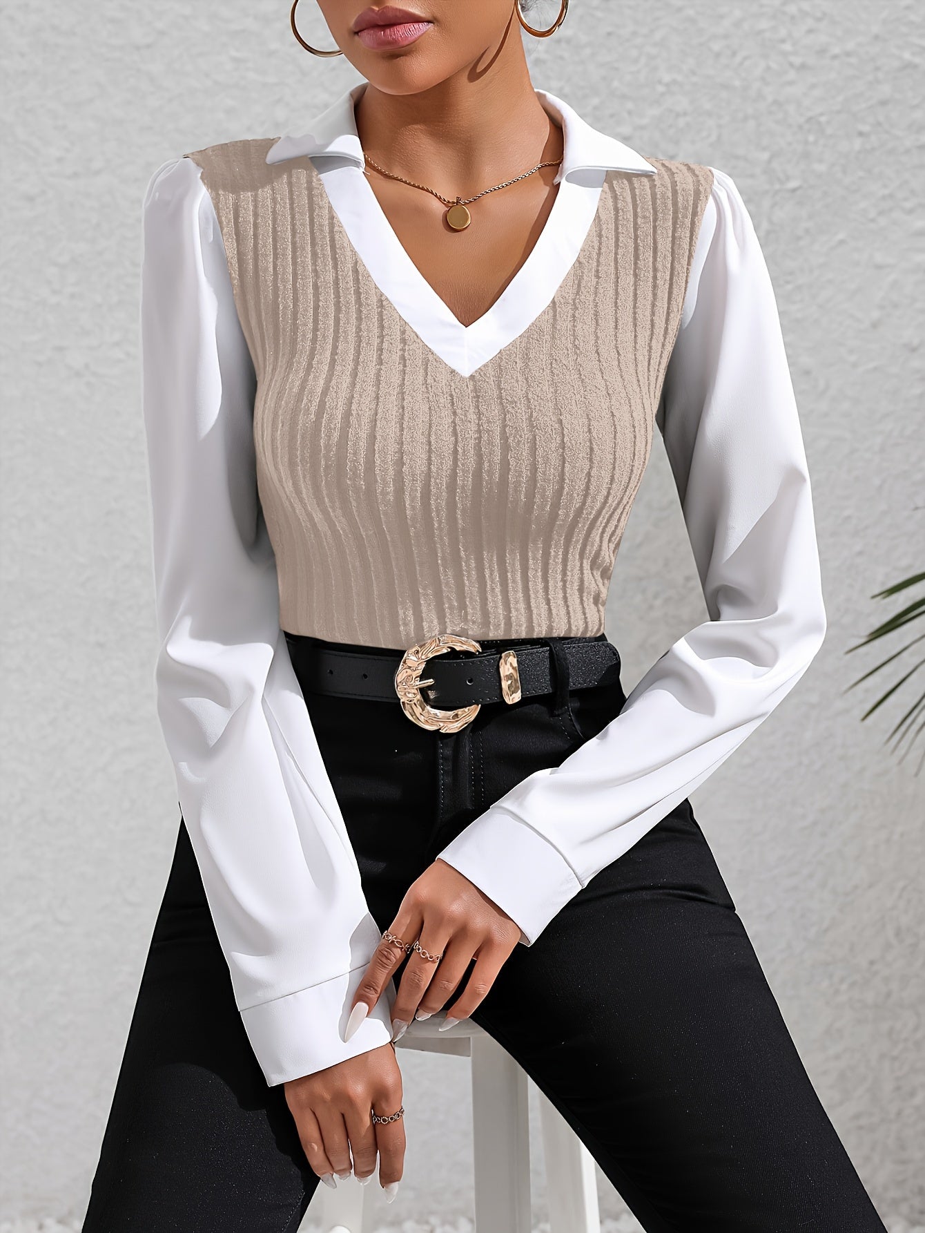 Rusalka  | Vrouwen Kleurblok Faux Twinset Kapel Blouse - Casual Lange Mouw Top