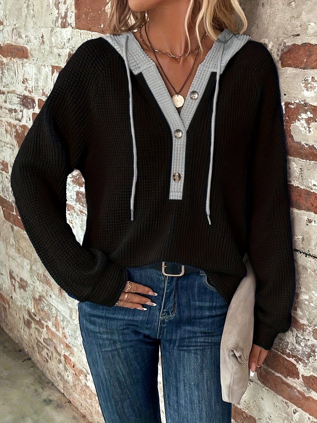 Ulyssia | Oversized gebreide capuchon met koord - knoopsluiting, casual sweatshirt