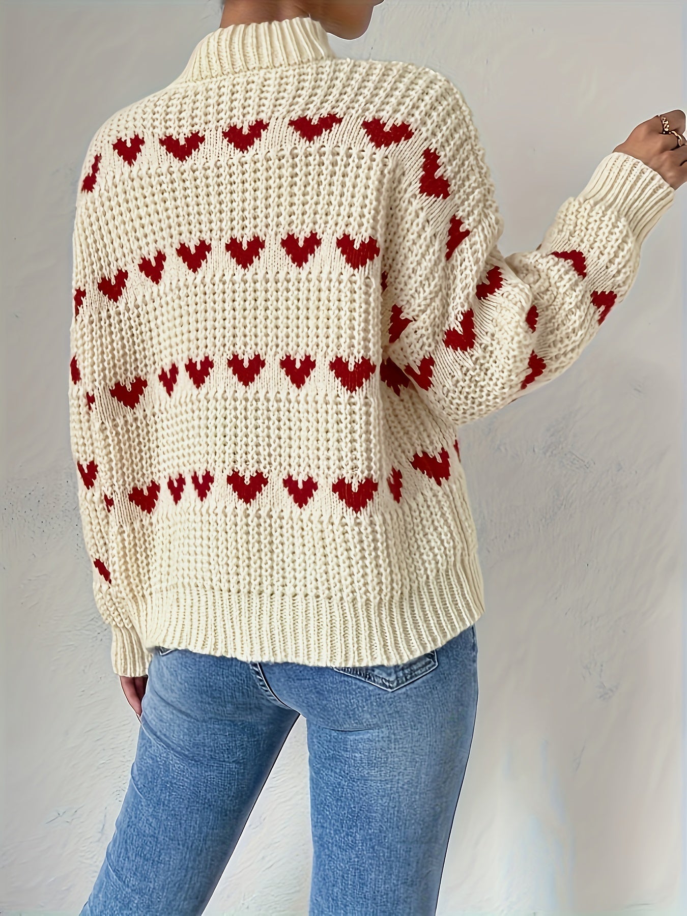 Irindra | Gebreide trui met hartpatroon - Hoge hals, Pullover met lange mouwen voor herfst-winter casual kleding