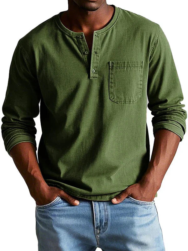 Bronic | Heren Vintage shirt met lange mouwen - Ronde hals, halve knoopsluiting, gewassen casual shirt