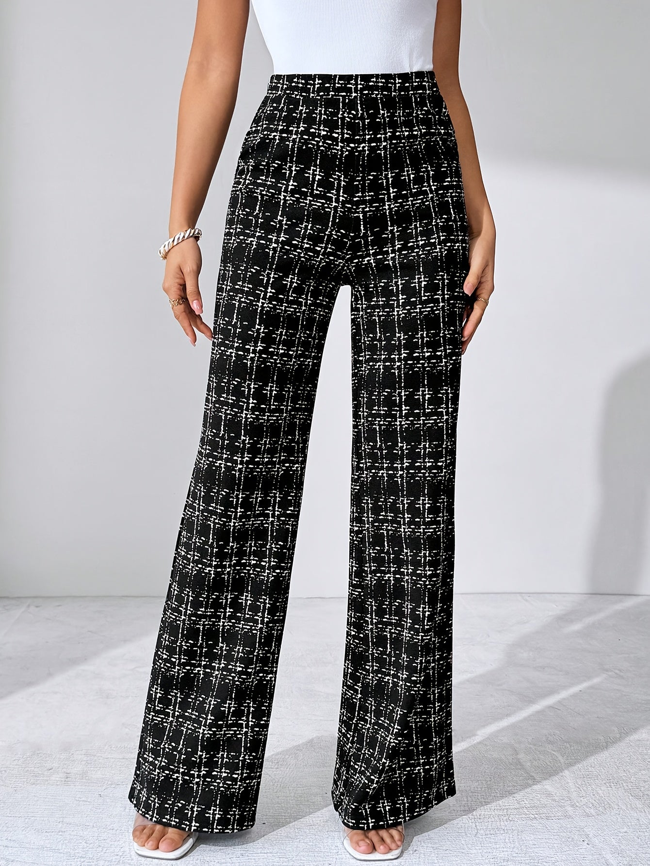 Laverna | Hoge taille geruite tweed flare broek voor dames – Rekbare casual broek met wijde pijpen