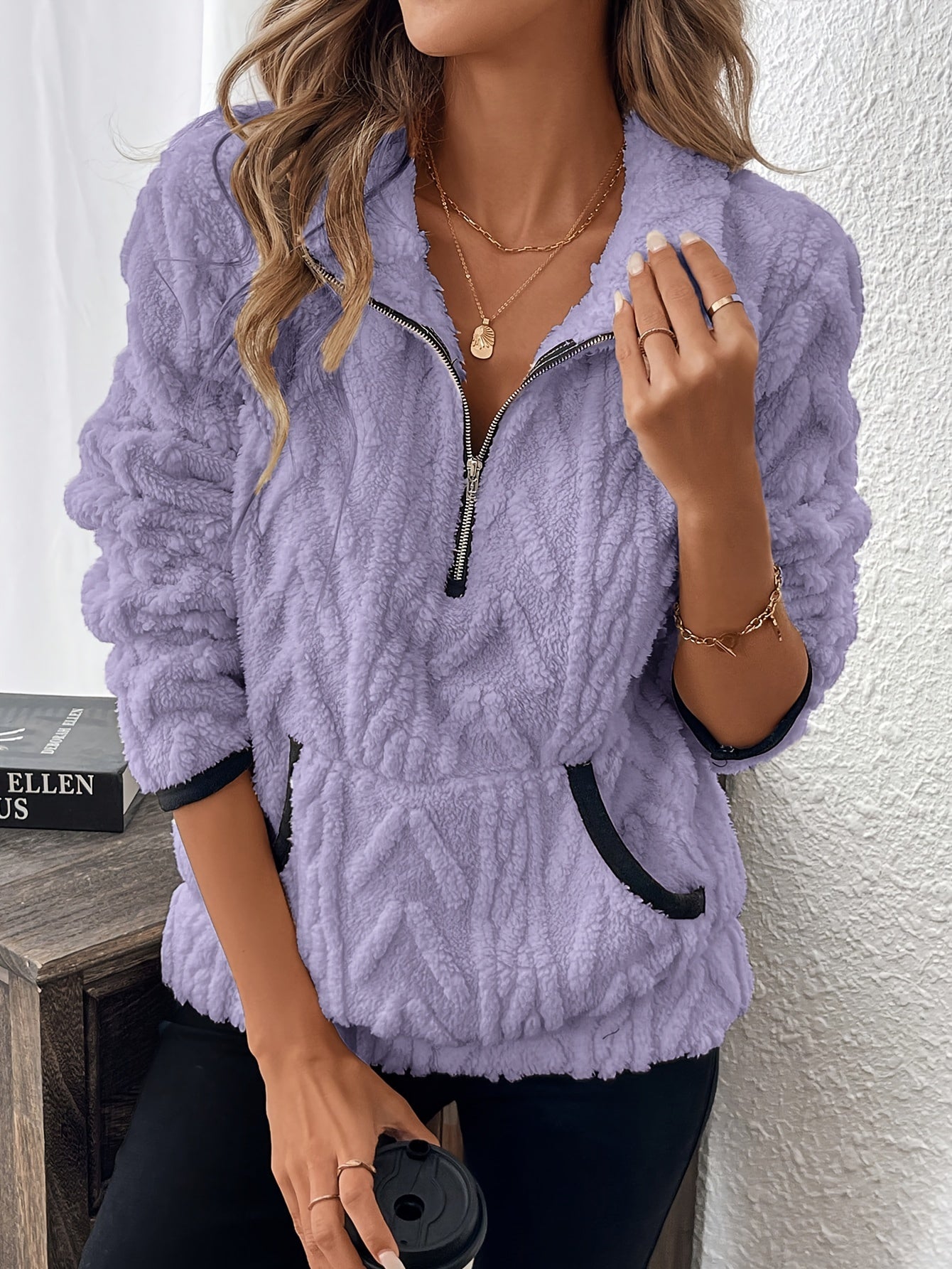 Evodia | Dames sweatshirt met pluizige stof, pullover met halve ritssluiting, casual comfortabele top met lange mouwen