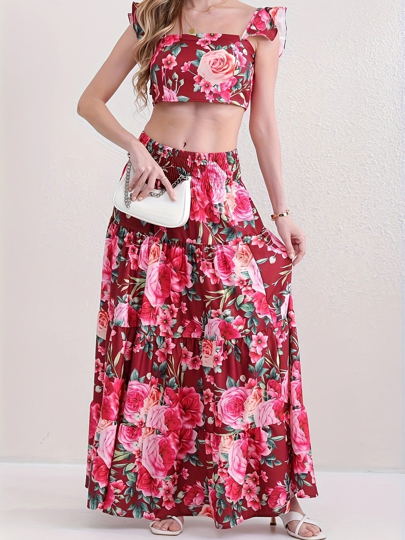 Uletta | Tweedelige set met bloemenprint, top en rok met ruches