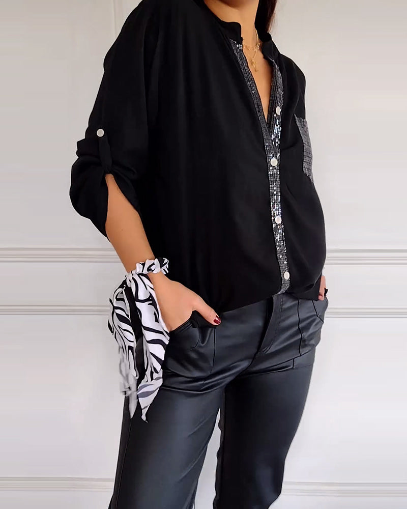 Stella | Elegante Pailletten Blouse - Casual Knoopsluiting Top met Verstelbare Manchetten
