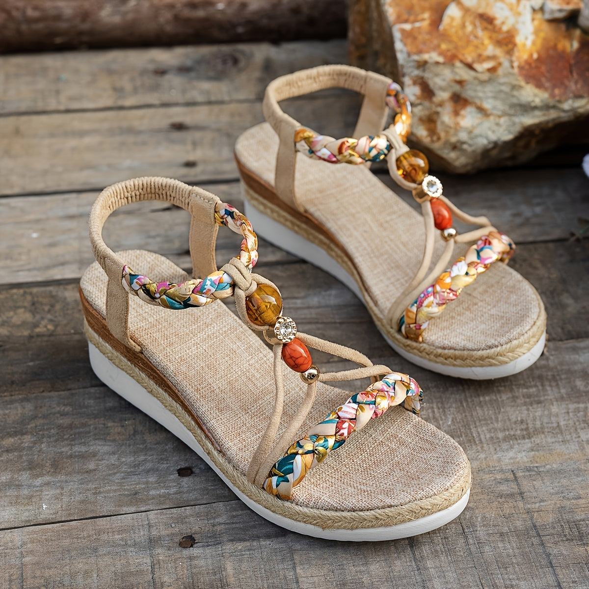 Zafrina | Boheemse damessandalen - Handgeweven Multicolor Elastische Bandjes