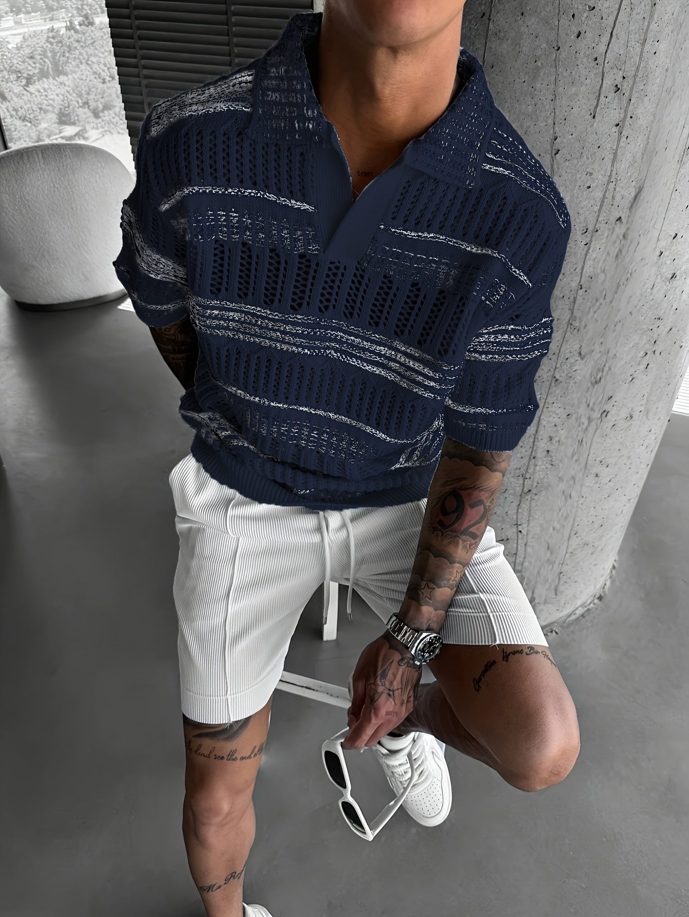 Aemon | Gebreid poloshirt voor heren - casual streetwear met korte mouwen en uitgesneden ontwerp,