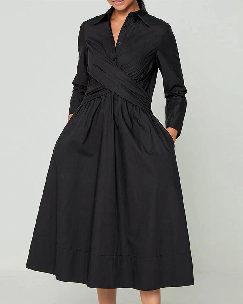 Ysolith | Elegante overhemdjurk voor dames - lange mouwen, gekruiste voorkant, midi-jurk met zakken