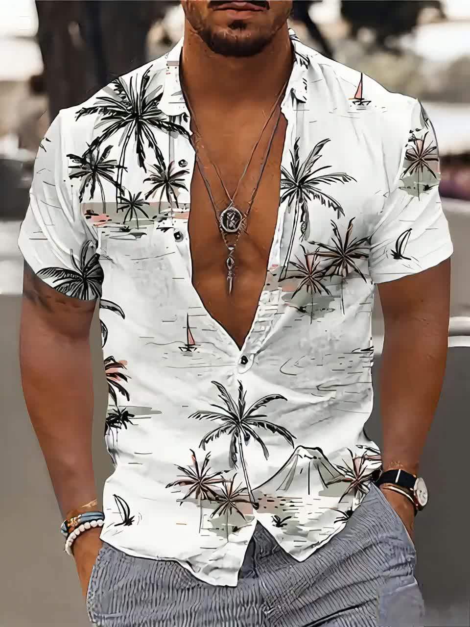 Kurt | Heren Hawaii Overhemd - Kokosnoot Boom Print, Korte Mouw, Casual Zomer Overhemd