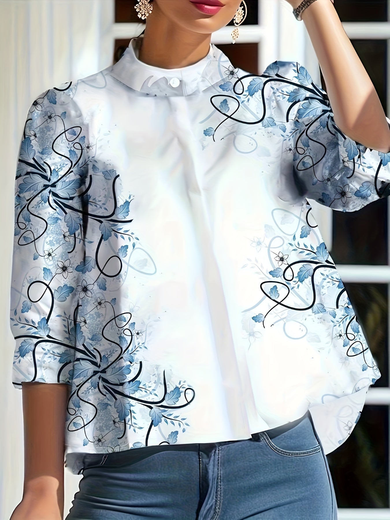 Mechtild | Damesbloemenblouse met gebloemde hals - Casual 3/4 mouwen elegante top