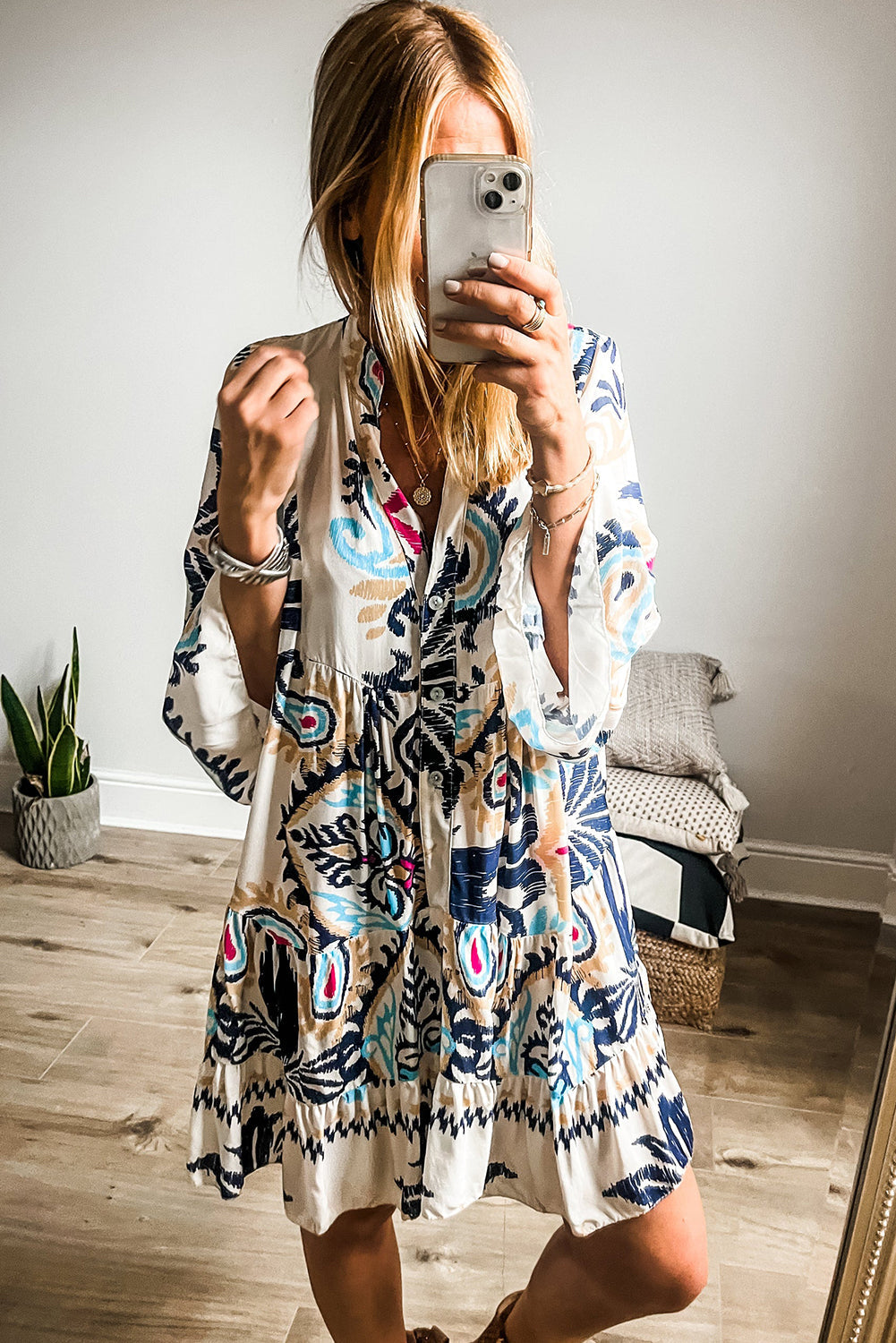 Ravienna | Mini-jurk met Tribalprint voor dames - Button-Up, Armbandmouw, Boho Chic