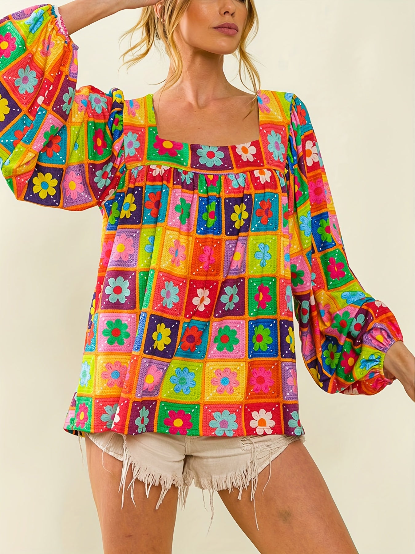 Raissa | Vrouwenbloemenblouse met vierkante hals - Lange mouwen, lantaarnmouwen, casual & elegant