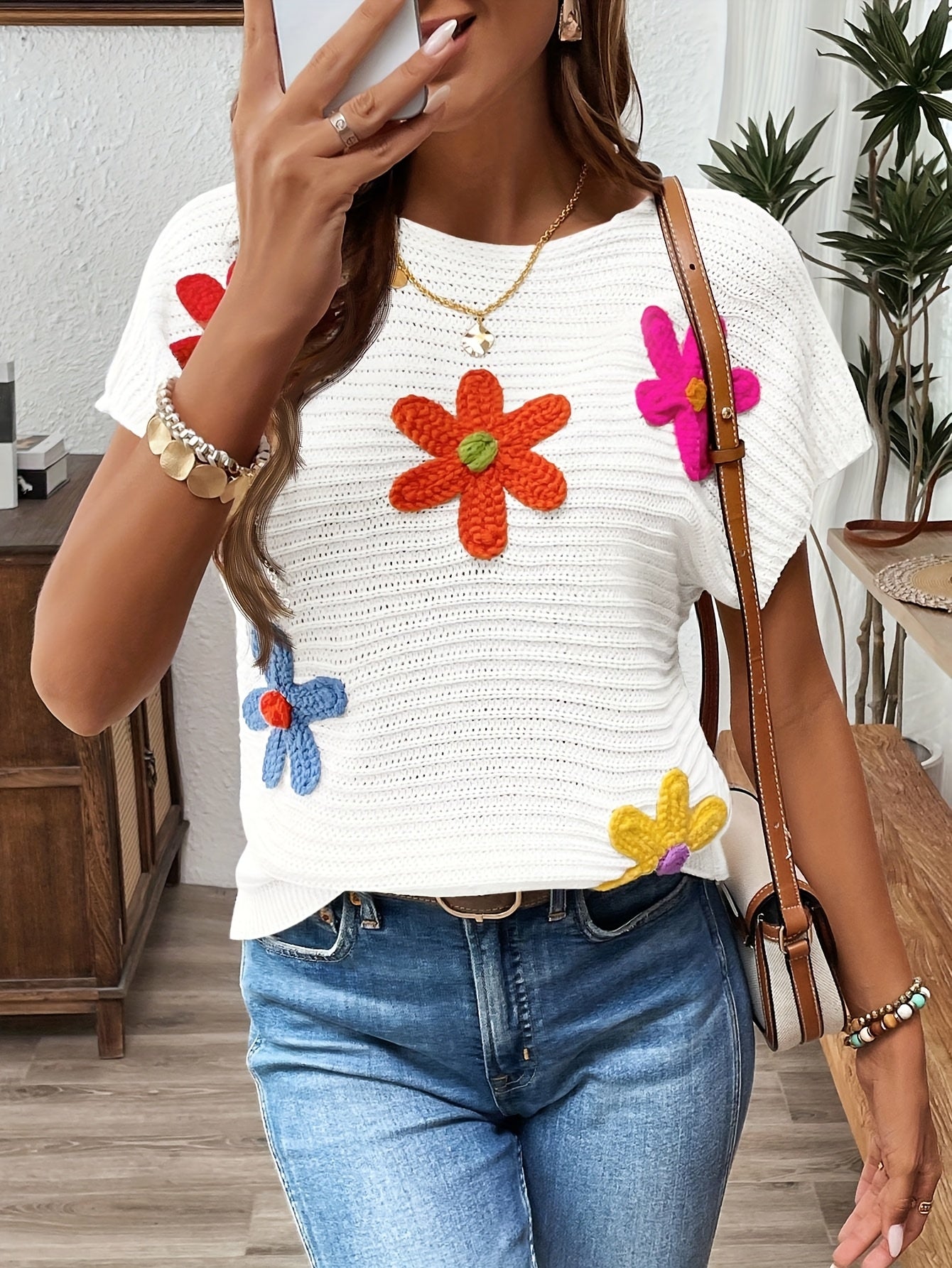 Ozara | Geborduurde damesblouse met 3D bloemen - Elegante gebreide viscose top