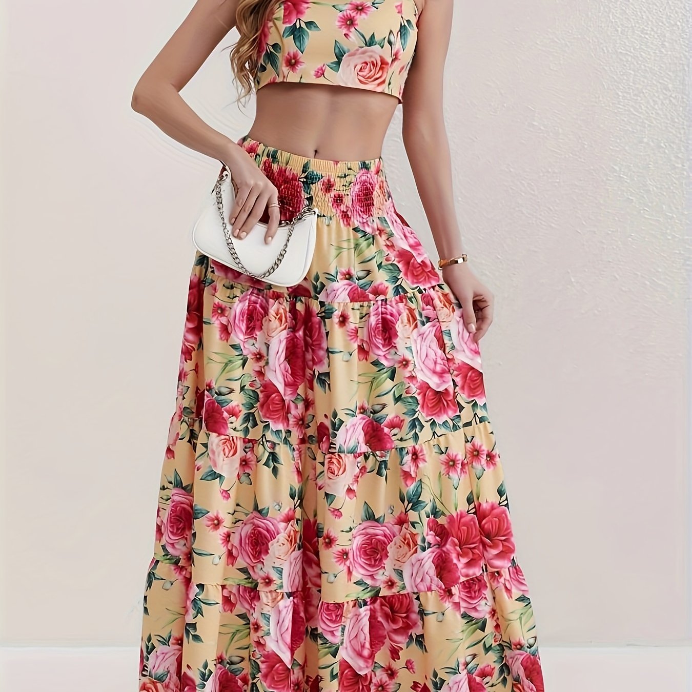 Uletta | Tweedelige set met bloemenprint, top en rok met ruches